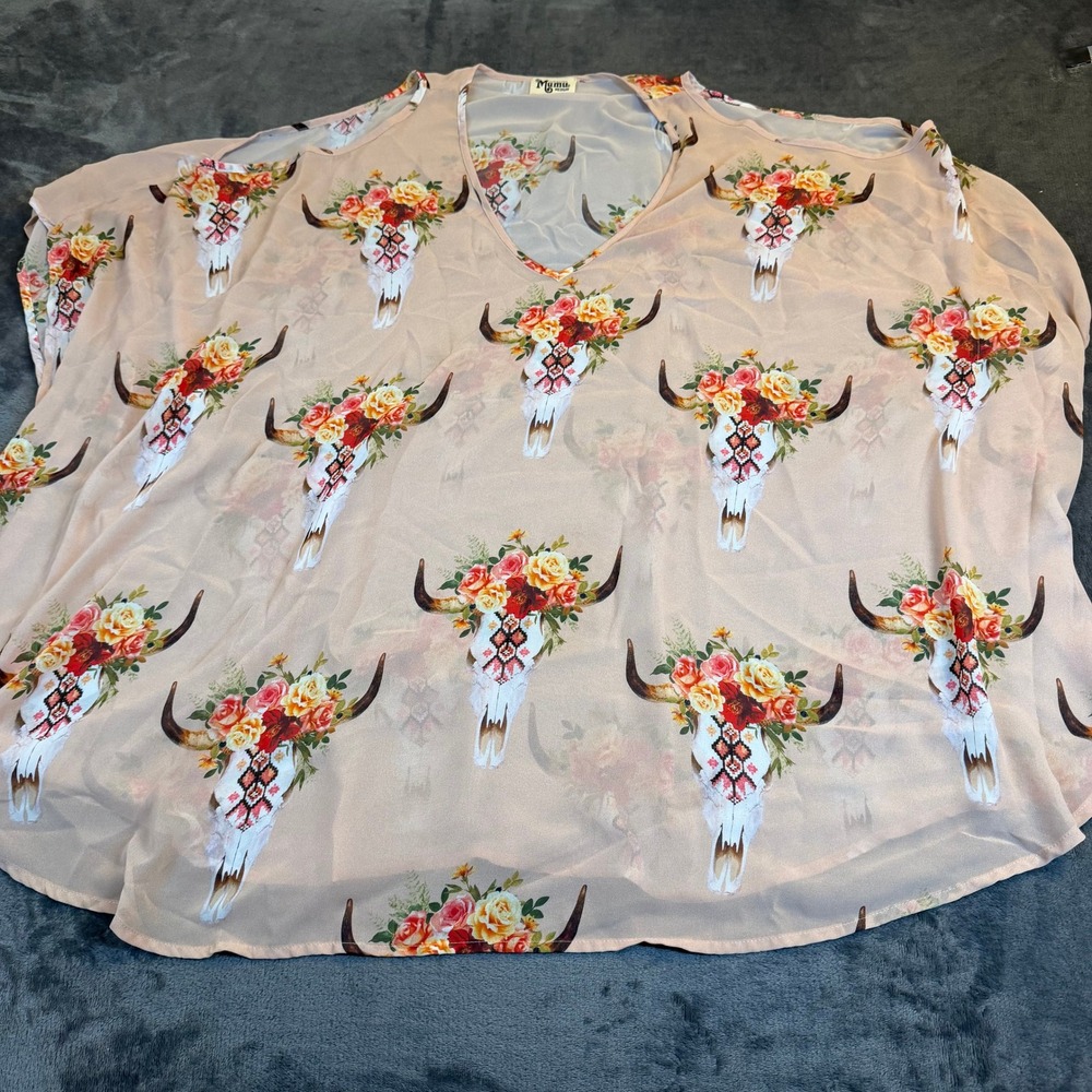 Show Me Your Mumu Women Medium Blush Floral Steer Skull Cold Shoulder Kaftan Top